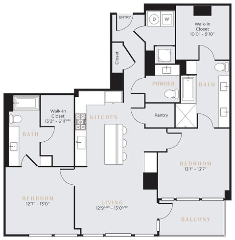 Floor plan for 2 beds, 2.5 baths, 1490 sqft